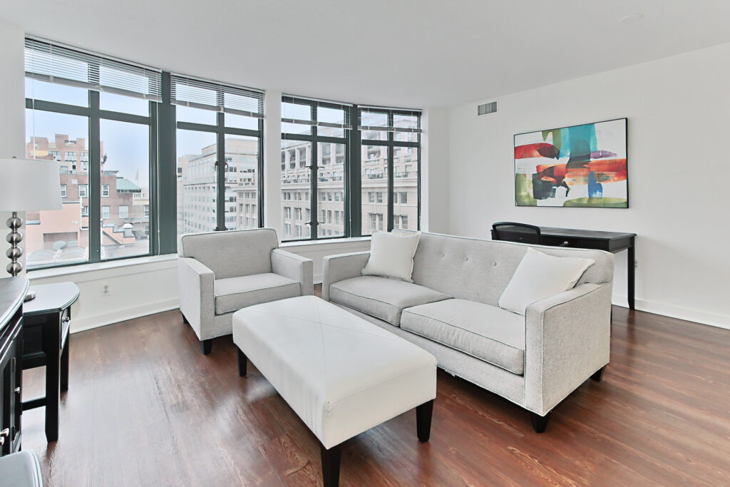 Living room of apartment with modern furniture